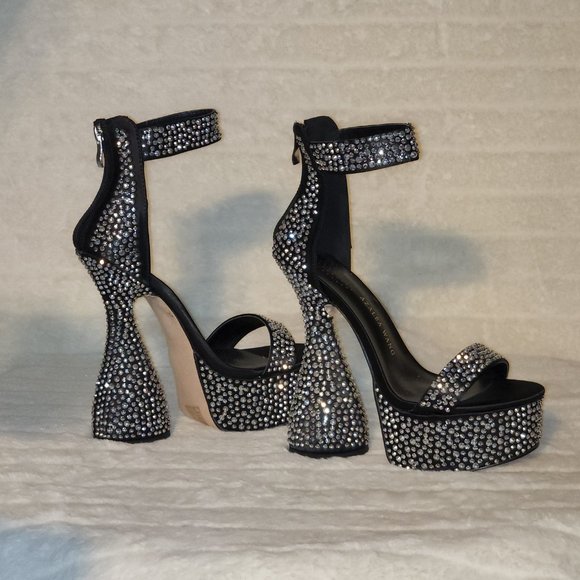 Black Satin & Silver Rhinestone Platform cylinder Heels YAR - Picture 8 of 9